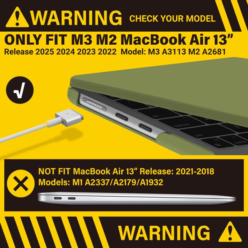 آي بينزر IBenzer متوافق مع حافظة 2025 2024 2023 2022 MacBook Air 13 بوصة M4 A3240 M3 A3113 M2 A2681 حافظة صلبة وغطاء لوحة مفاتيح وشاشة فيلم ونوع C لجهاز Mac Air 13.6 ماتشا جرين AT13-KK-MOGN+2TC - Image 3